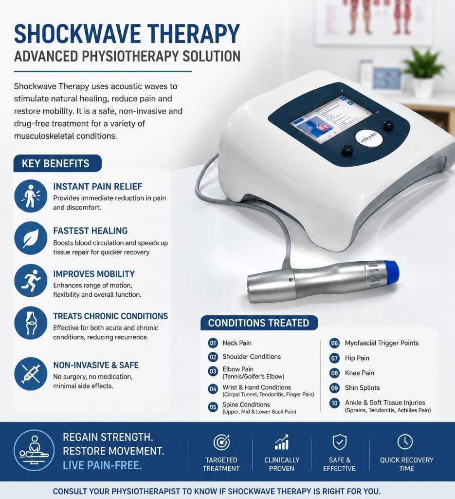 Shockwave Therapy detailed infographic and physical apparatus